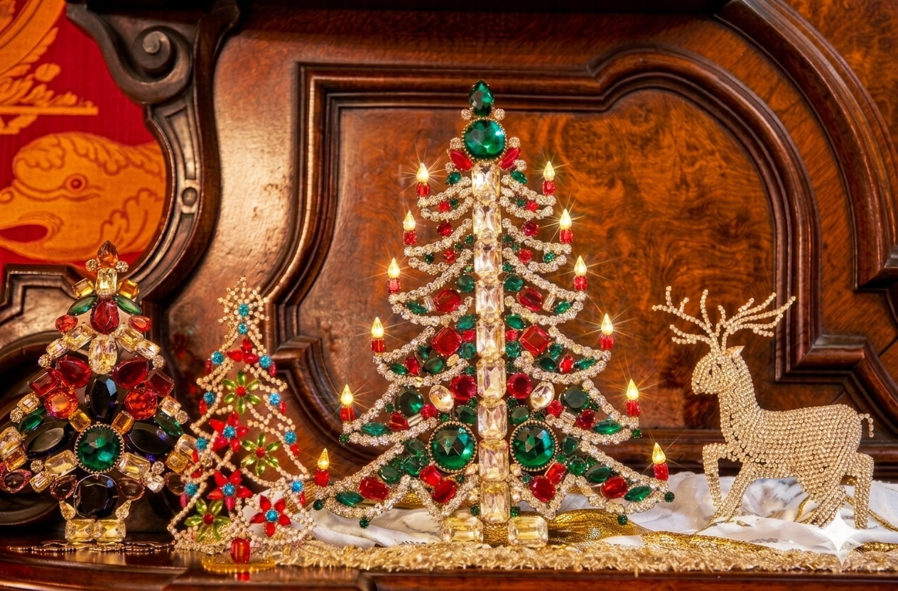 Jeweled peacock Christmas tree topper inside The Towers