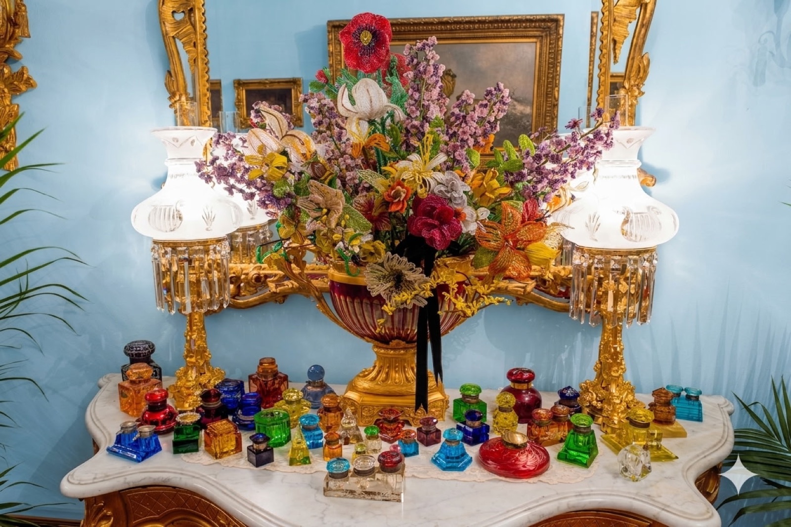 Beaded floral arrangement and perfume bottle collection at The Towers