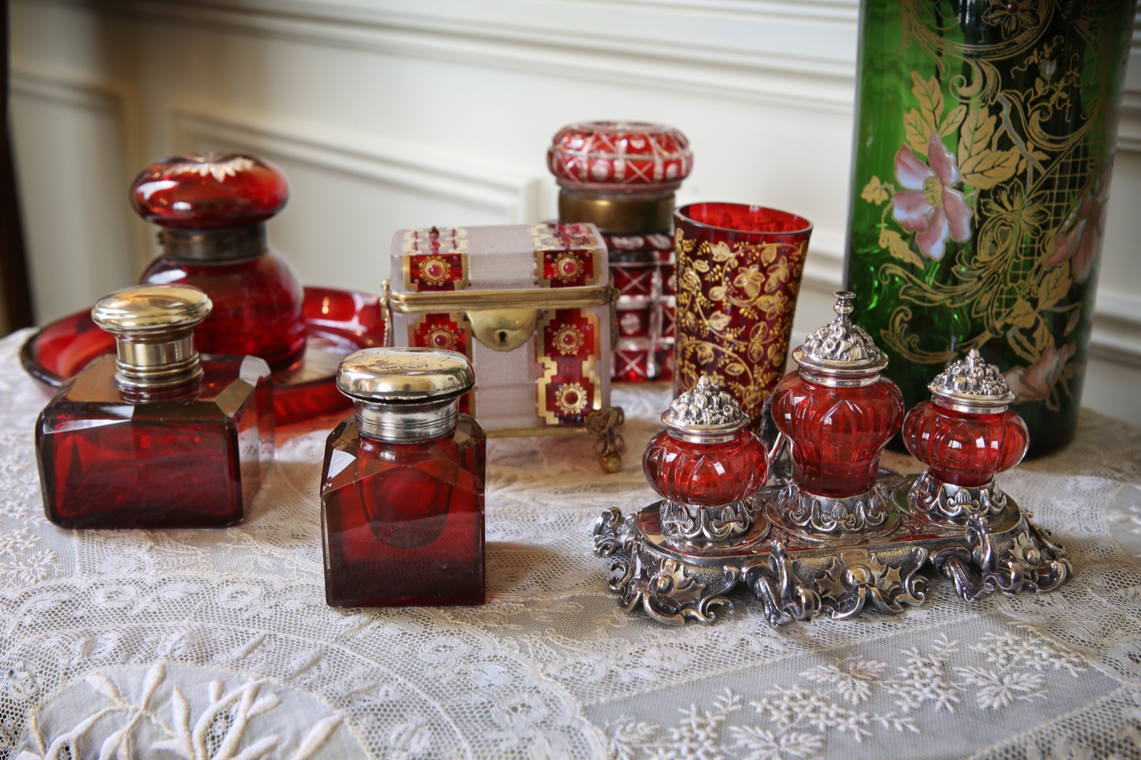 Antique glass inkwell collection at The Towers
